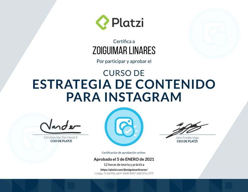 Diploma del Curso de Estrategia de Contenido para Instagram