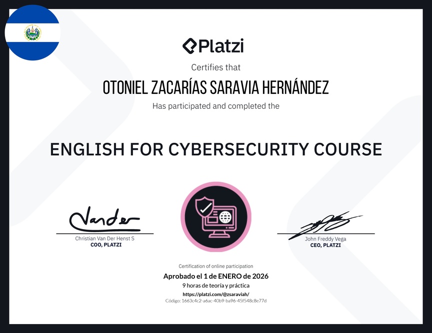 Diploma del Curso de Inglés para Ciberseguridad