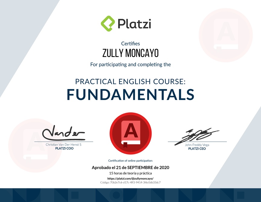 Diploma del Curso de Inglés Práctico: Fundamentos 2019