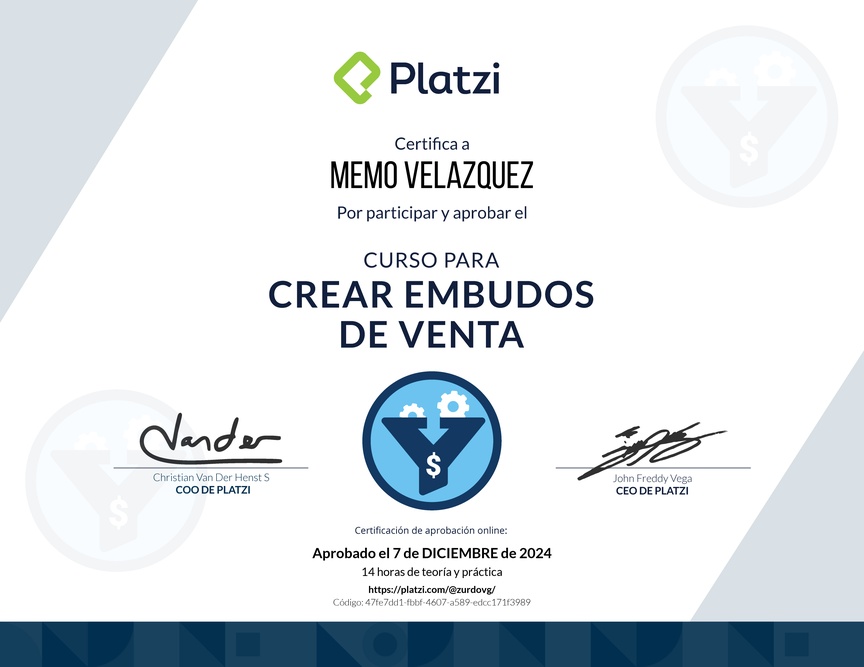 Diploma del Curso de Creación y Optimización de Embudos de Venta (2022)